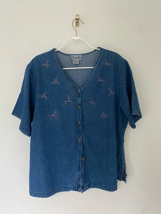 Embroidered Denim Button-Front Top - Picture 1 of 4